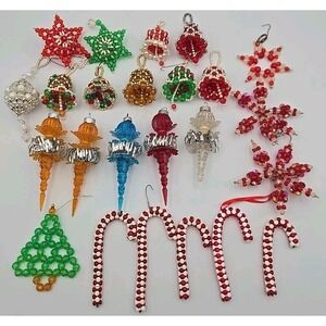 Vintage Beaded Bells & Snowflakes Multicolor Christmas Ornaments Handmade Lot 24